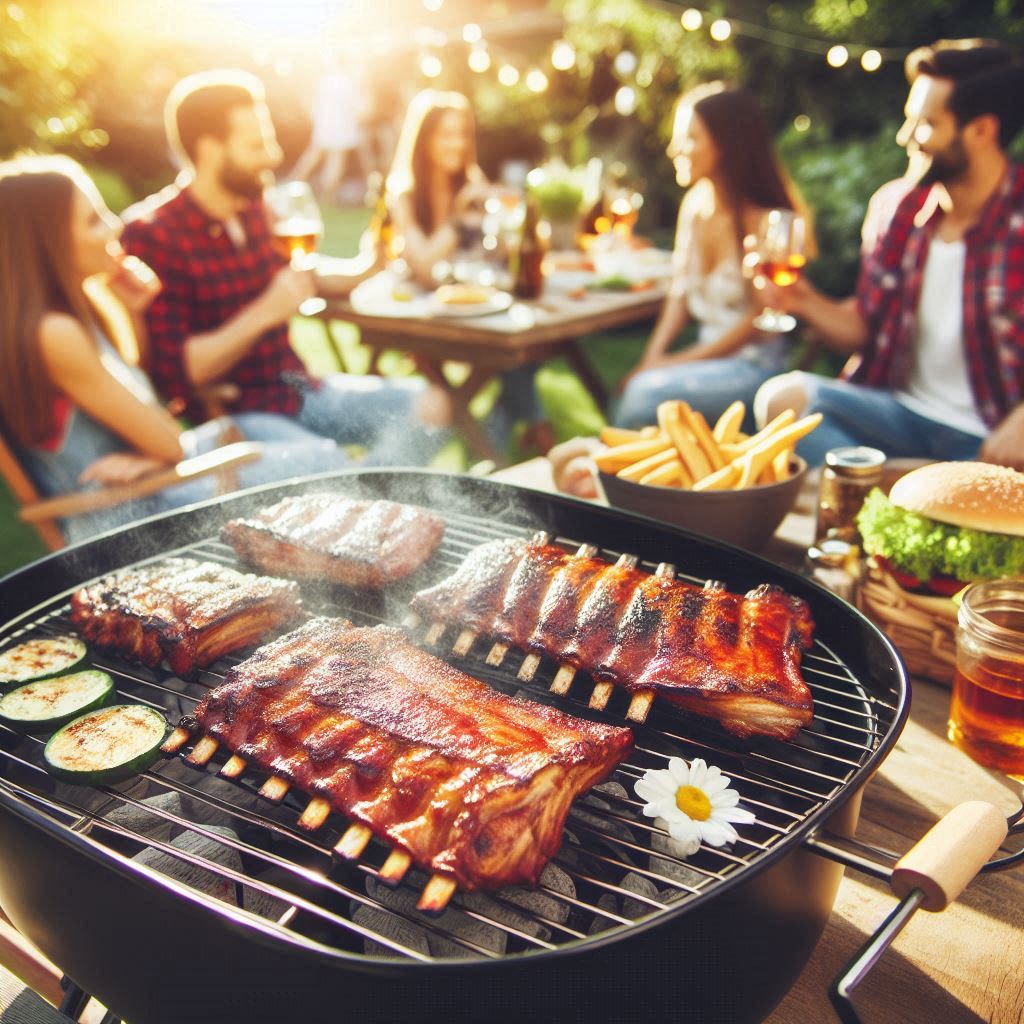 Ribs on smoking grill at a backyard party