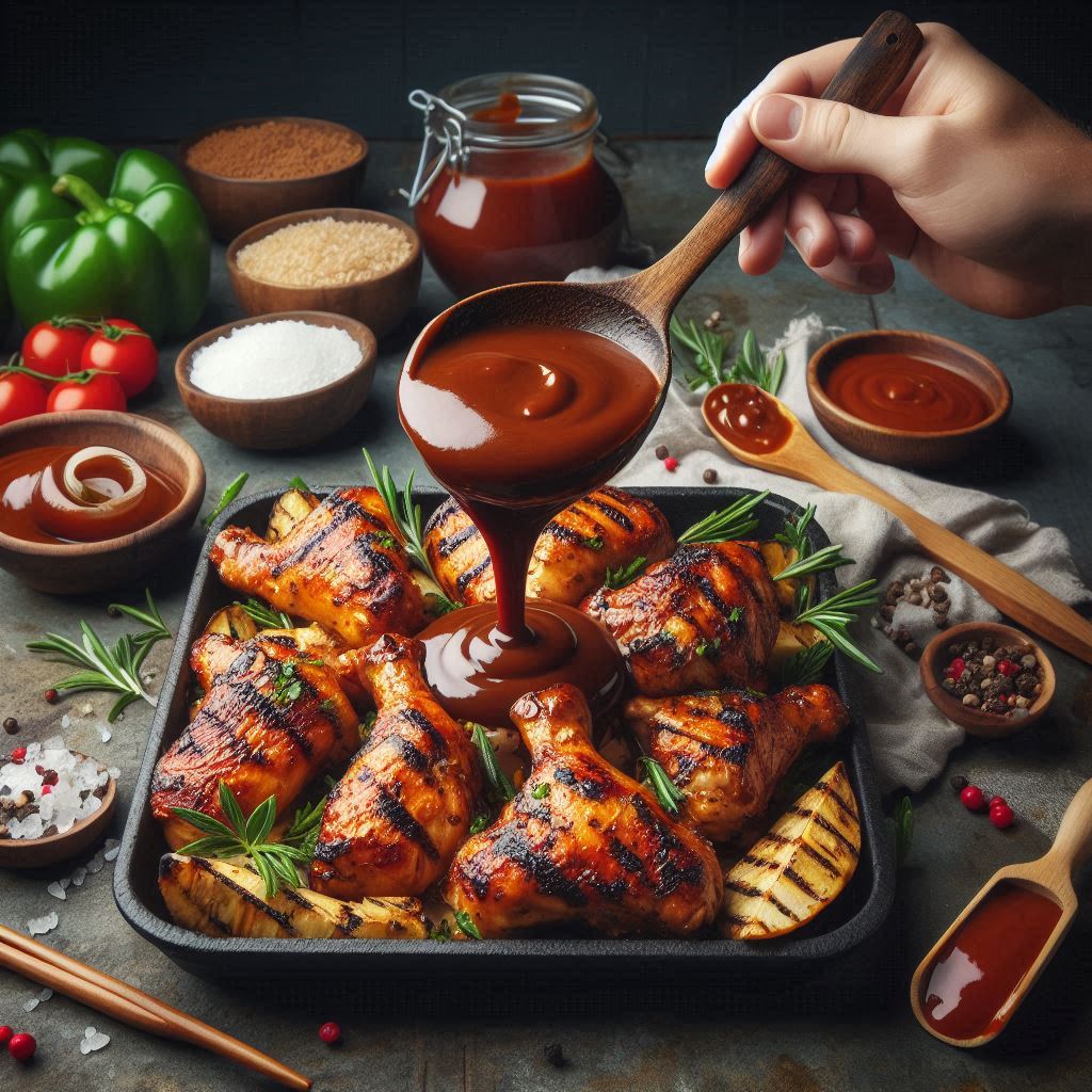 Ladle of bbq sauce over grilled chicken